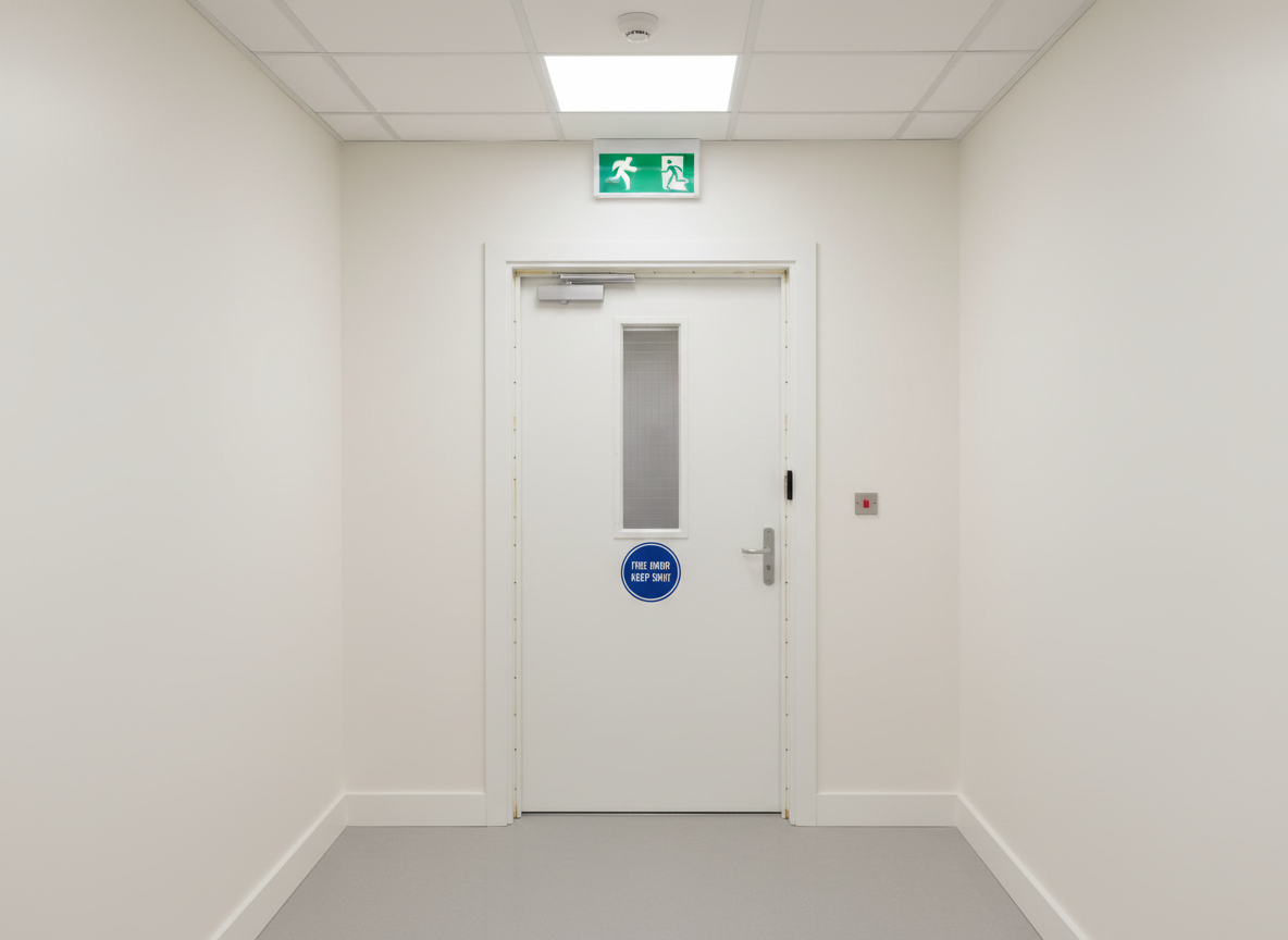 A fire-rated steel door set in smooth signal white, complete with intumescent seals, a slim rectangular wired-glass vision panel, and a clearly legible "Fire Door Keep Shut" blue circular sign, is installed within a pristine commercial corridor. The surrounding walls are finished in seamless off-white plaster, with a continuous skirting detail and a neatly aligned emergency exit sign above the frame. Recessed ceiling LEDs provide bright, even light, creating minimal shadows and a clean, clinical ambience. Captured in photographic realism from a slightly elevated angle, the composition keeps the door centered with sharp focus, communicating code compliance, life-safety performance, and the precision expected by architects and contractors working on UK commercial specifications.