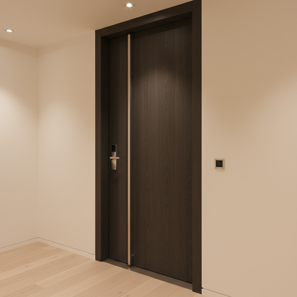 A luxury residential security door clad in rich, matte-finished dark oak with a pronounced vertical grain, integrated into a flush shadow-gap frame within a high-end apartment entrance. The leaf features a discreet, oversized satin stainless-steel pull handle, a concealed high-security cylinder, and a subtle electronic access reader aligned with the frame. The surrounding walls are painted in warm off-white, with a pale oak floor running seamlessly up to a slim brushed metal threshold. Soft, warm downlights in the ceiling create gentle highlights along the timber grain and delicate reflections on the hardware. Photographic realism from an eye-level, three-quarter angle, with a calm, refined mood that blends security with luxury architectural design.