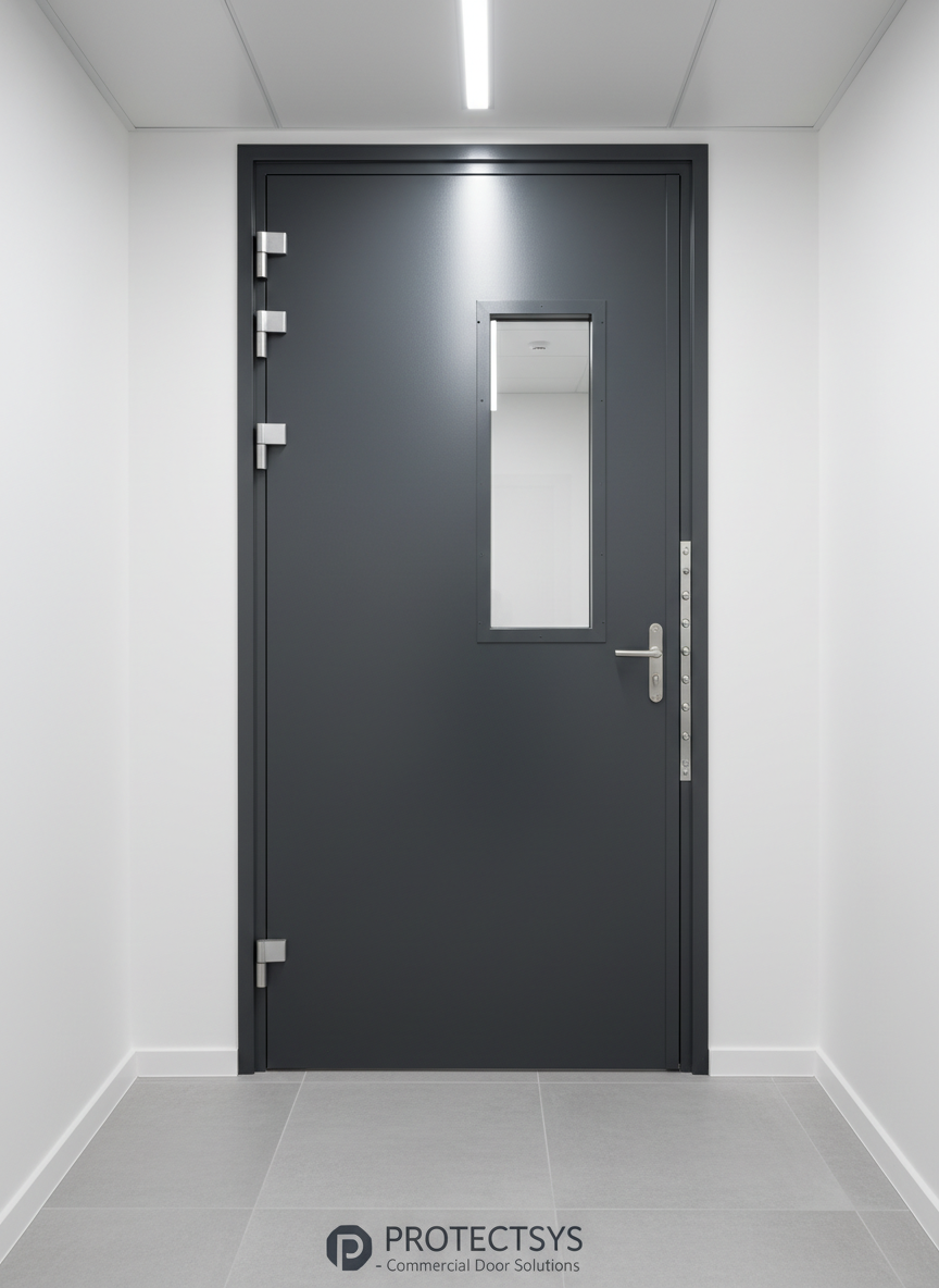 A high-specification steel security door in deep graphite grey, with a finely brushed finish and precise, crisp edges, fills the center of a modern commercial corridor. The door’s heavy-duty hinges, multi-point locking strip, and flush vision panel are all clearly visible, framed by smooth white plasterboard walls and a seamless skirting detail. Cool, diffused LED ceiling lights wash down the scene, creating subtle reflections on the metal surface and clean, linear shadows across the floor tiles. Photographic realism at eye level, sharp focus throughout, with a clean, modern aesthetic that communicates strength, reliability, and professional architectural quality suitable for a national commercial door systems supplier.